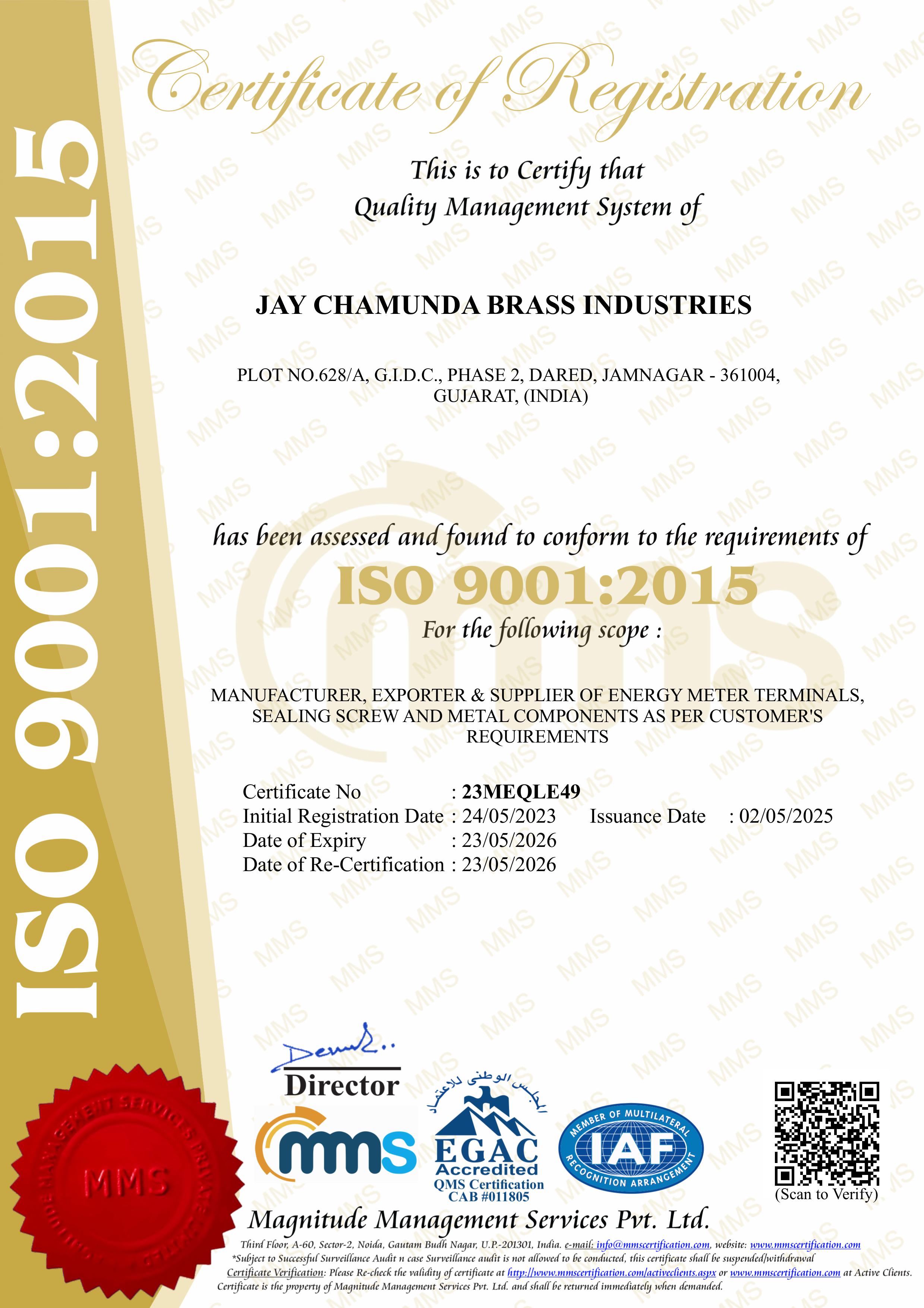 ISO Certificate - Jay Chamunda Brass Industries